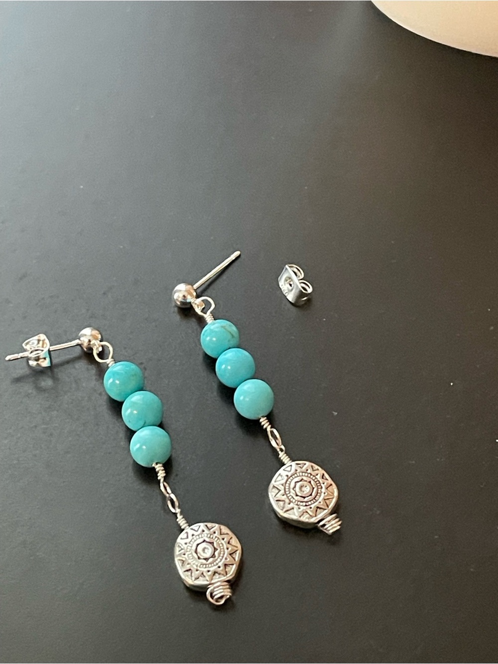Hand Crafted Turquoise Bead Drop Earrings with Silver Medallion - Picture 4 of 6